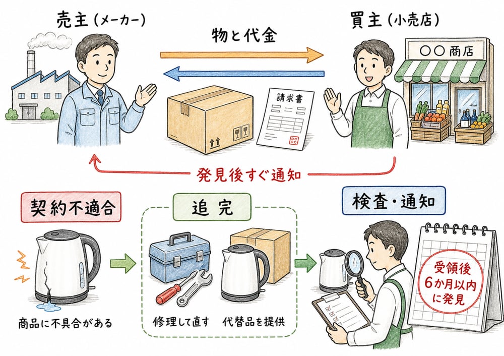売買契約の契約不適合責任と検査通知義務の図解