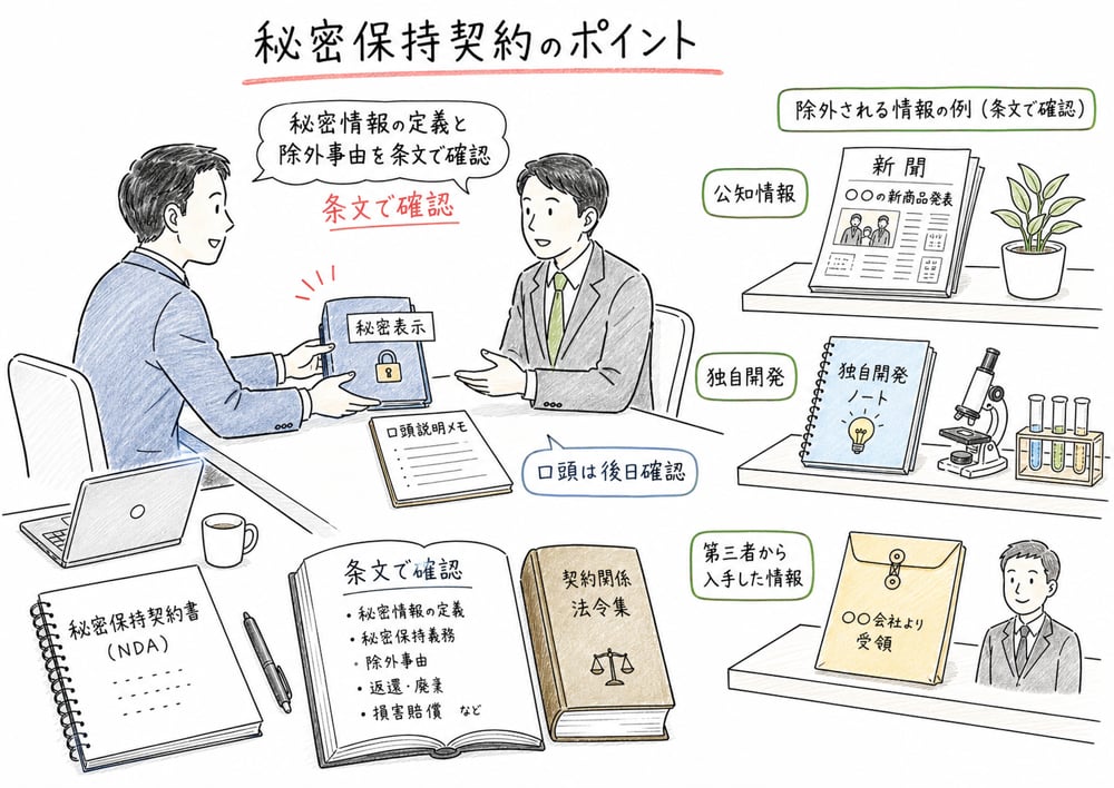 秘密保持契約の秘密情報の定義と除外事由の図解