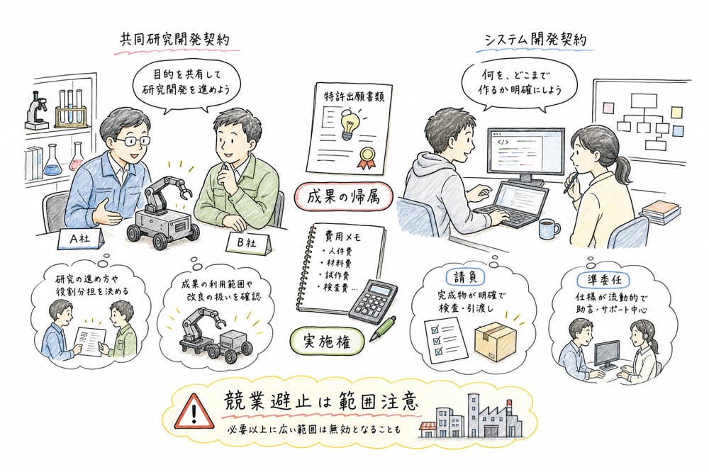 共同研究開発契約の成果帰属とシステム開発契約の請負準委任の図解