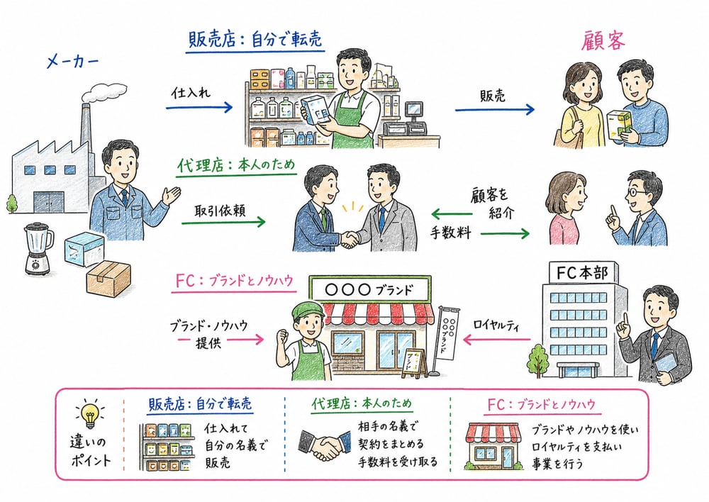 販売店契約と代理店契約とフランチャイズ契約の違いの図解
