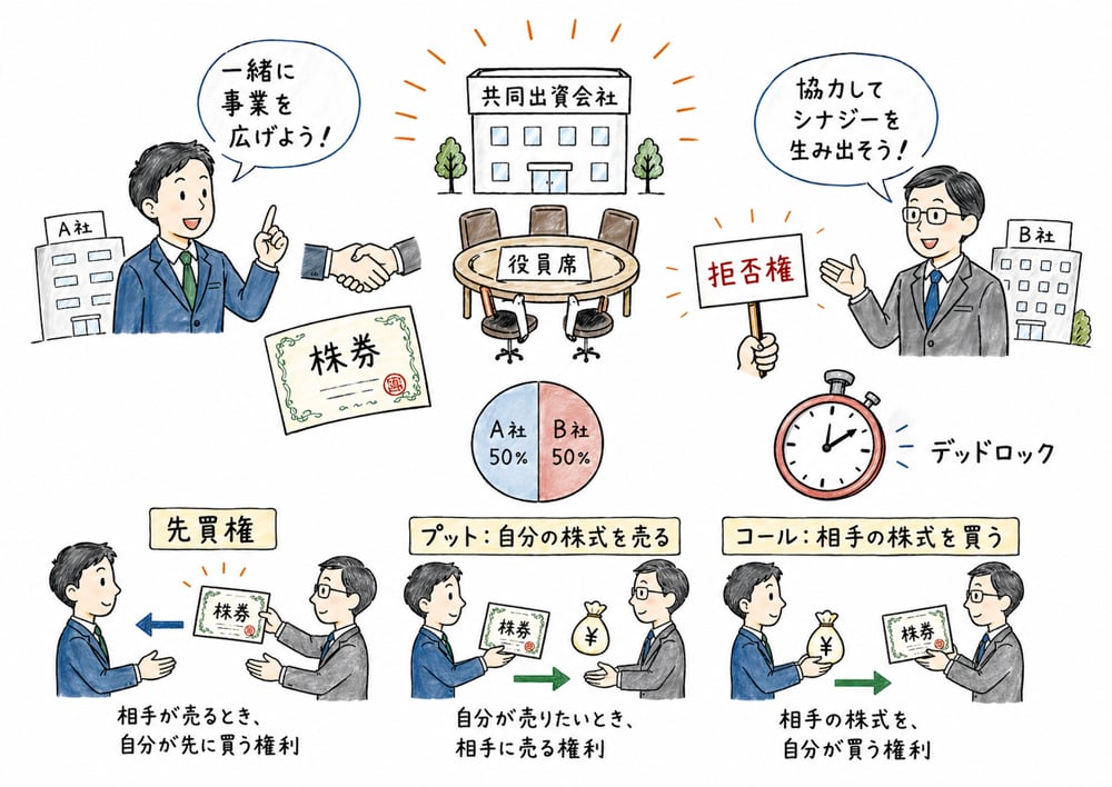 合弁契約の先買権プットオプションコールオプションの図解
