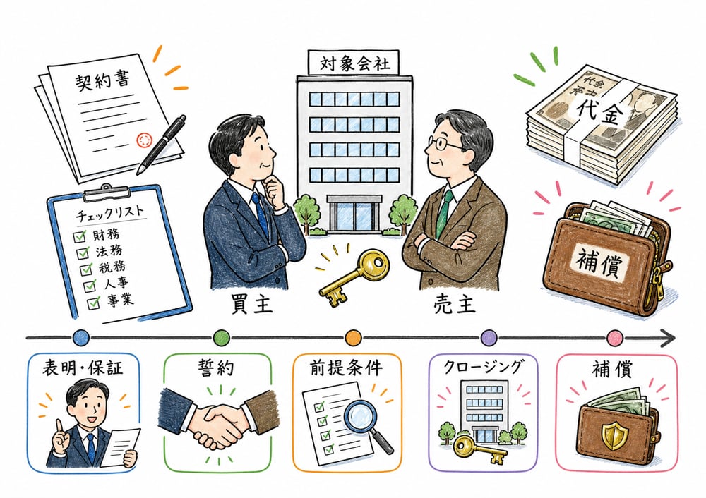 M&A契約の表明保証からクロージングと補償までの時間軸の図解