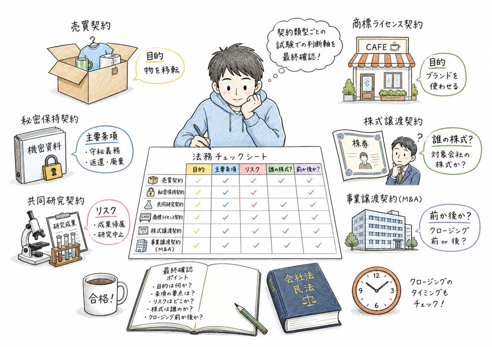 契約類型ごとの目的主要条項リスク時間軸を確認する図解