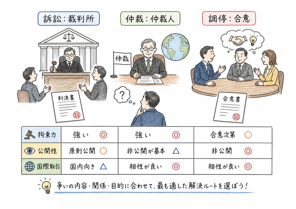 訴訟、仲裁、調停の違いを俯瞰する図解