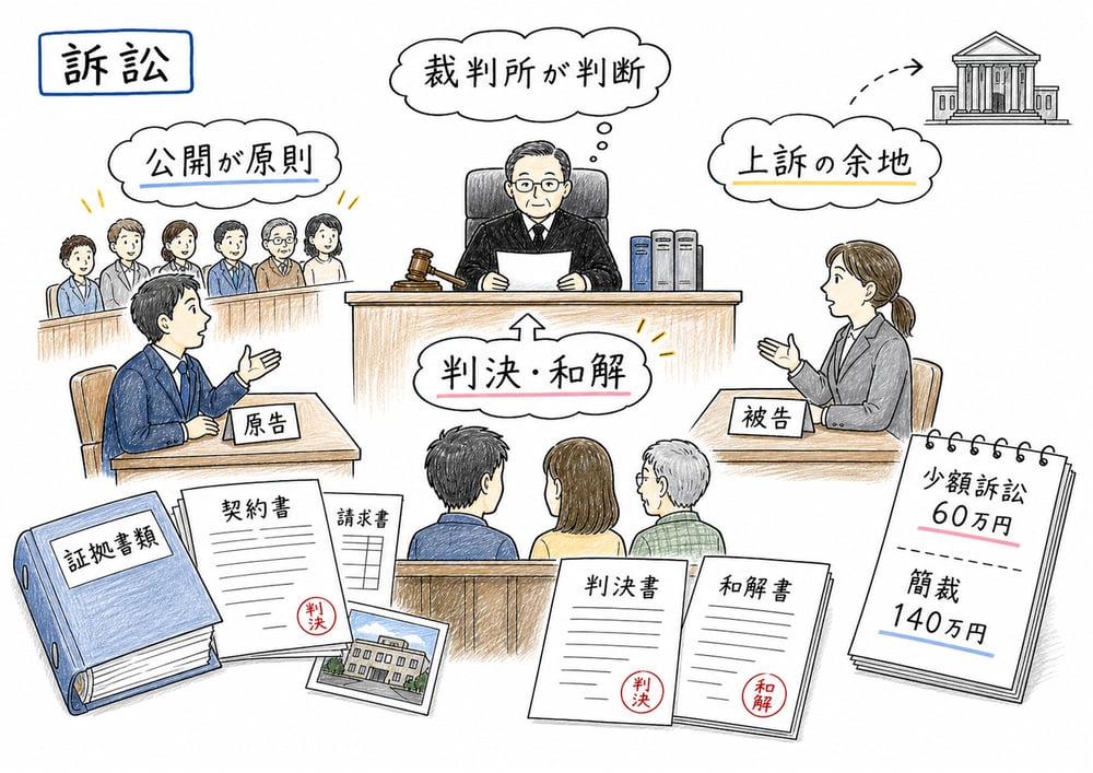 訴訟の公開原則、裁判所の判断、少額訴訟の金額を整理する図解