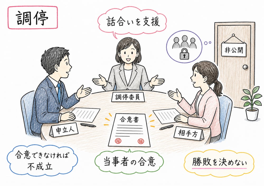 調停が話合いと合意形成を支援する制度であることを示す図解