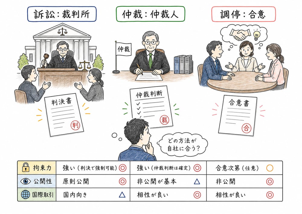 訴訟、仲裁、調停を結論を出す主体で切り分ける図解