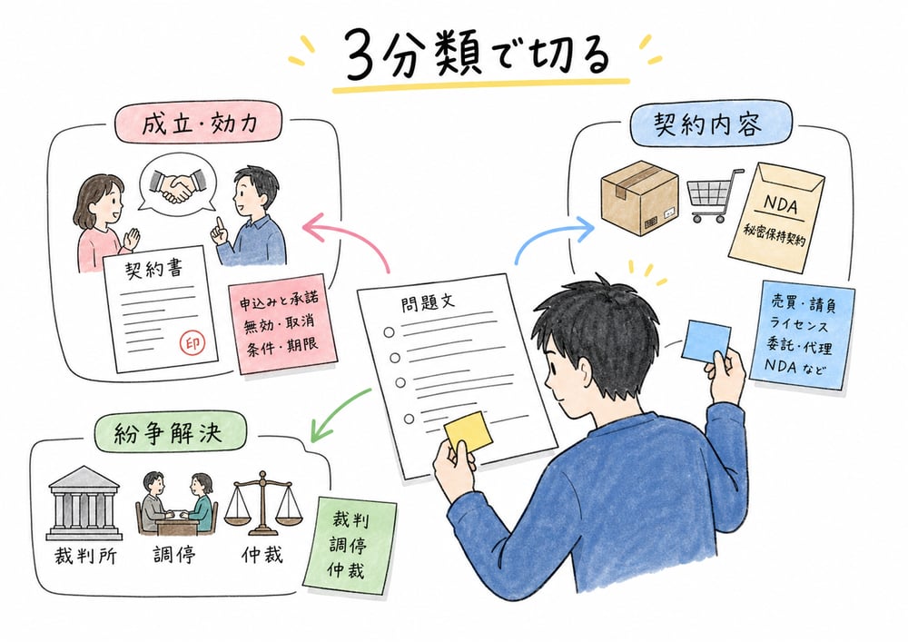 契約問題を成立・効力、契約内容、紛争解決に切り分ける図解
