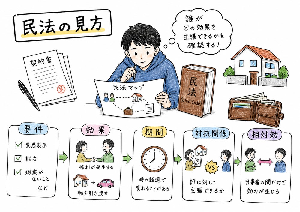 民法で覚えておきたい要件、効果、期間、対抗関係をまとめた手書き風図解