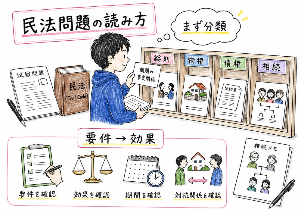 民法問題を総則、物権、債権、相続に分類して読む手順を示す手書き風図解