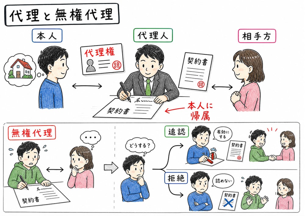代理権の有無、本人への効果帰属、無権代理の追認を整理した手書き風図解