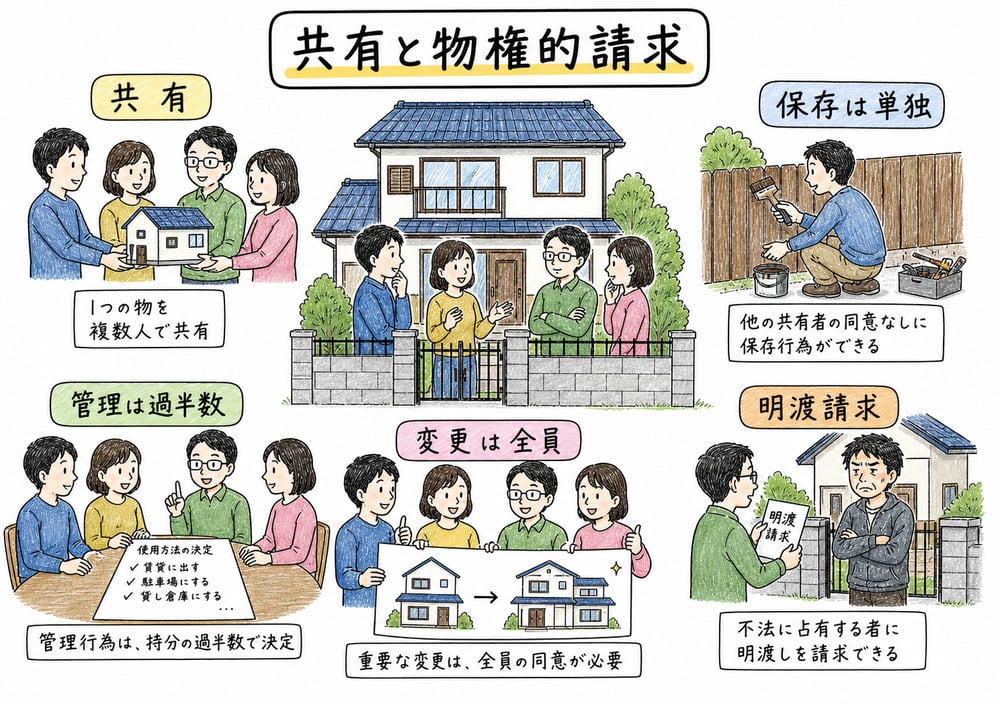 共有物の保存、管理、変更と明渡請求を整理する手書き風図解