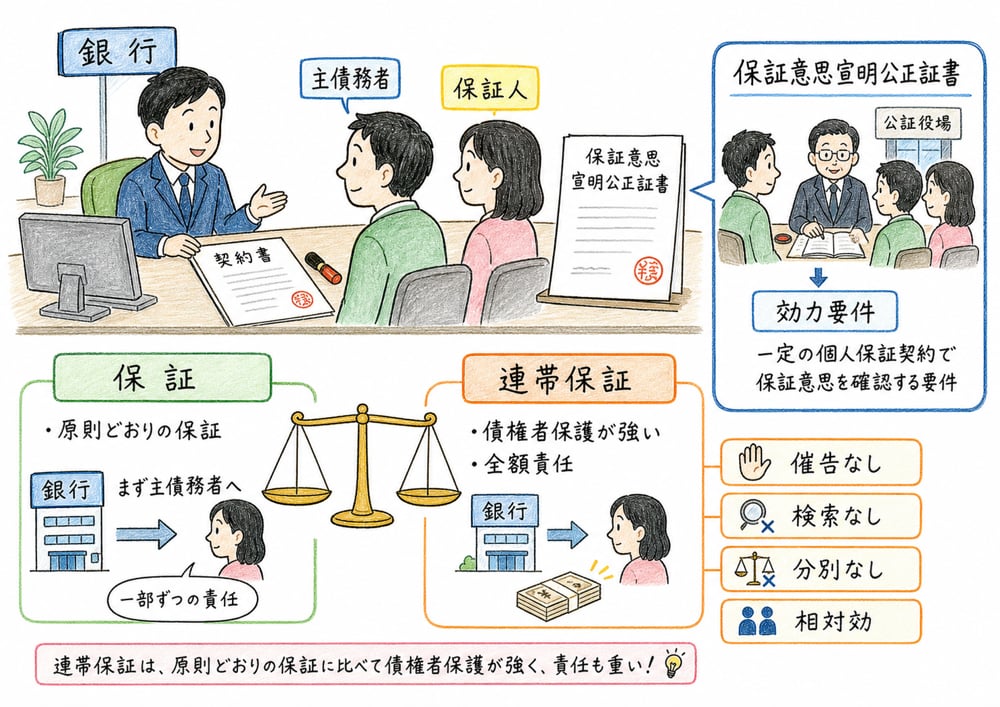 通常保証と連帯保証の抗弁権、分別の利益、公正証書要件を整理する手書き風図解