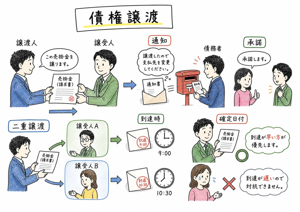 債権譲渡の通知、承諾、二重譲渡時の優劣を整理する手書き風図解
