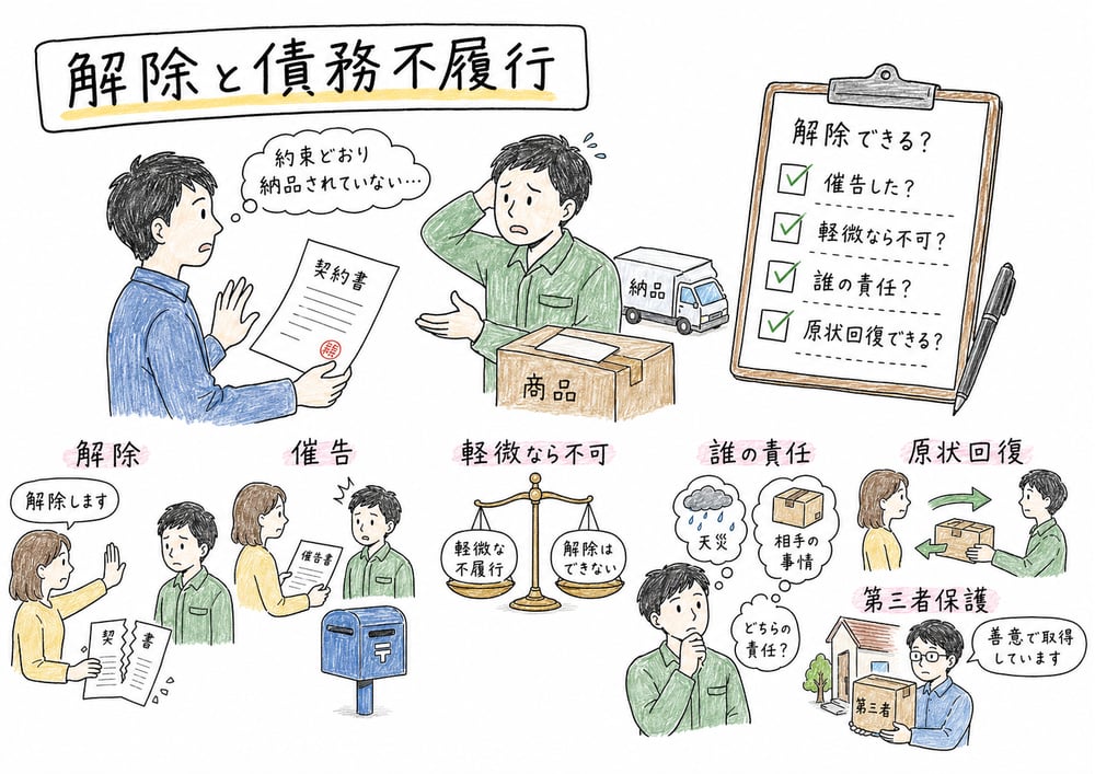 契約解除の催告、軽微性、帰責事由、第三者保護を整理する手書き風図解