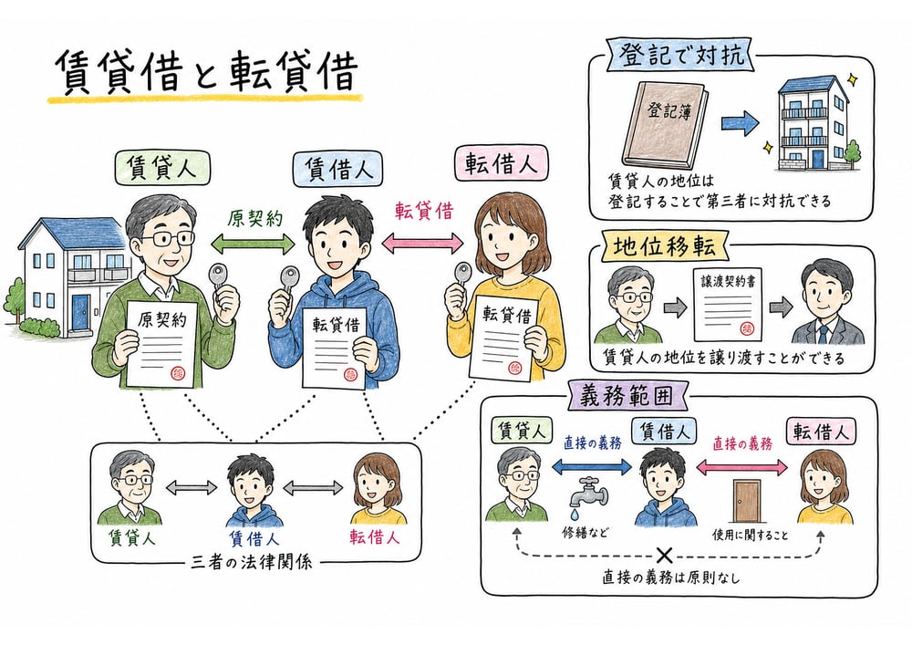 賃貸人、賃借人、転借人の三者関係と登記による対抗力を示す手書き風図解