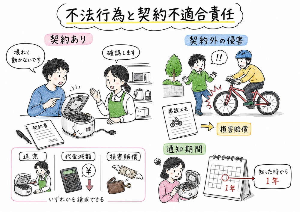 契約外の侵害と契約不適合責任の違い、通知期間を整理する手書き風図解
