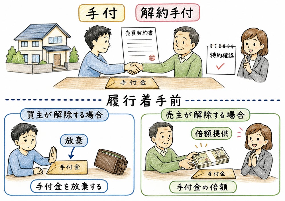 解約手付の推定、放棄、倍額提供、履行着手前を整理する手書き風図解
