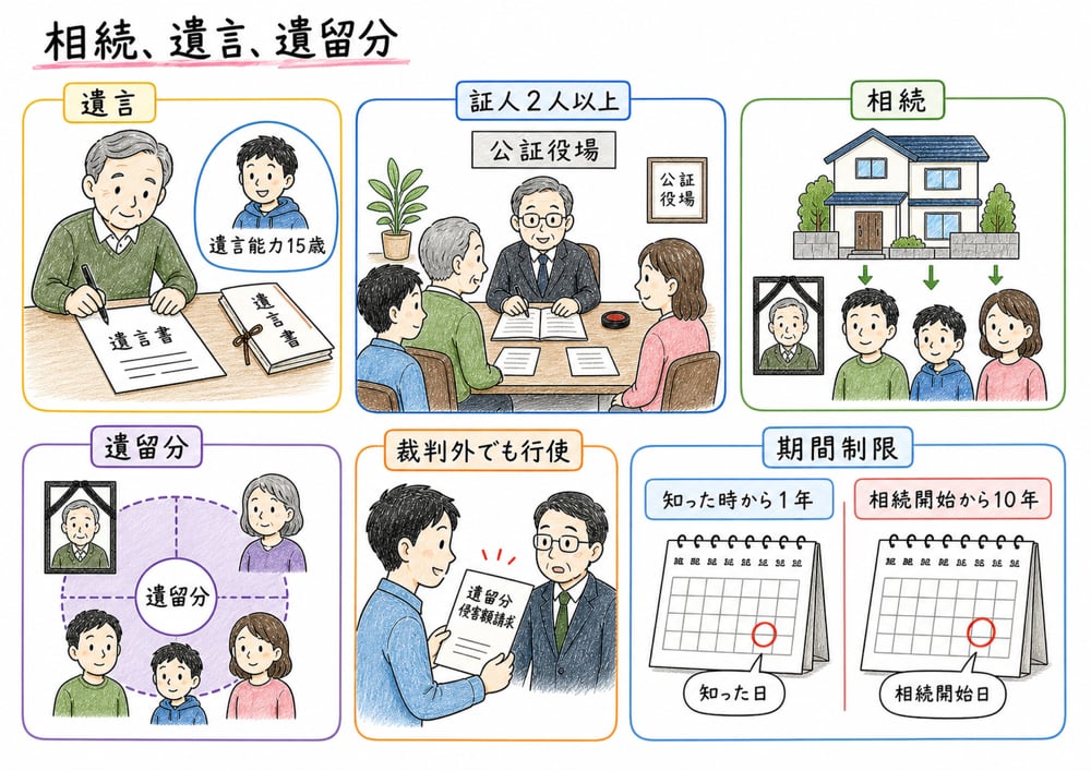 遺言方式、証人、遺留分侵害額請求、期間制限を整理する手書き風図解