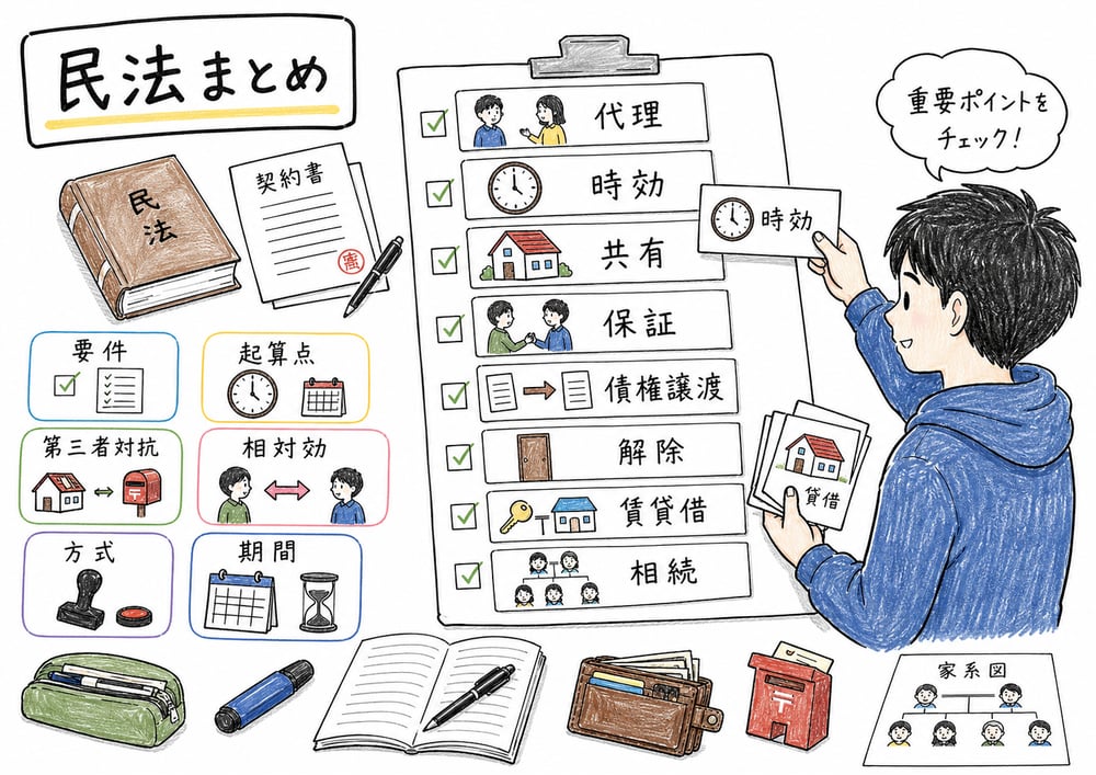 民法の頻出チェックポイントを横断整理した手書き風図解