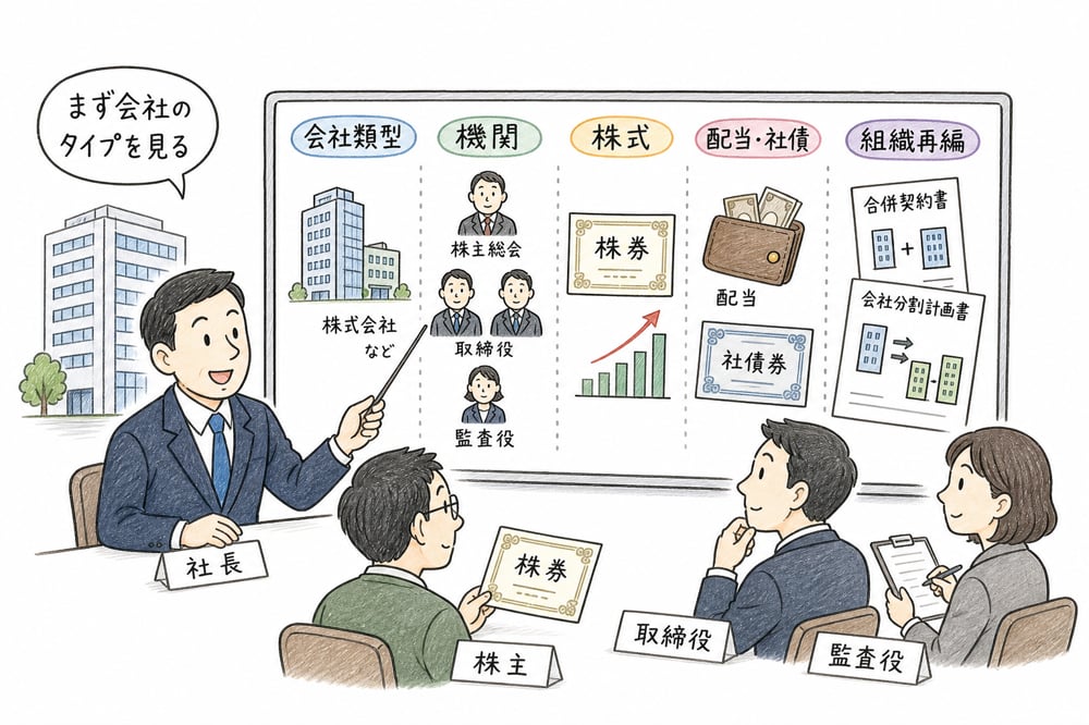 会社法の全体像を会社類型、機関、株式、配当・社債、組織再編の観点で整理した図解