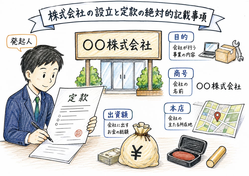 株式会社設立時の定款と絶対的記載事項を示した図解