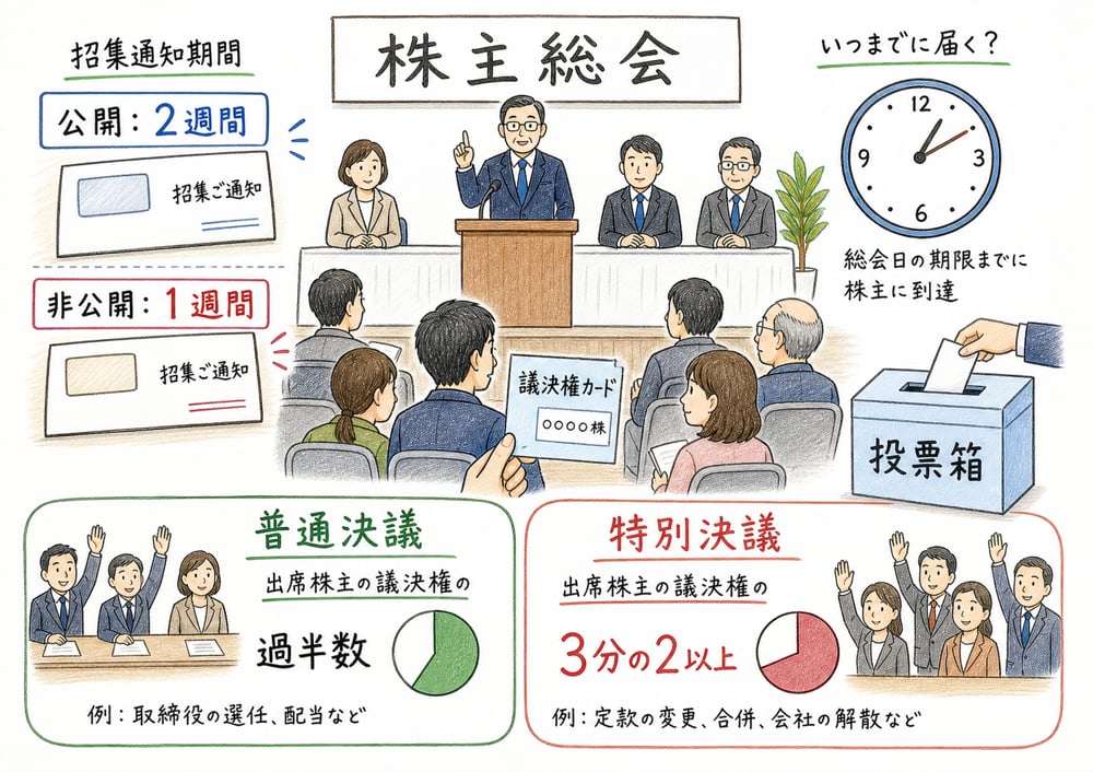 株主総会の招集通知期間と決議要件を整理した図解