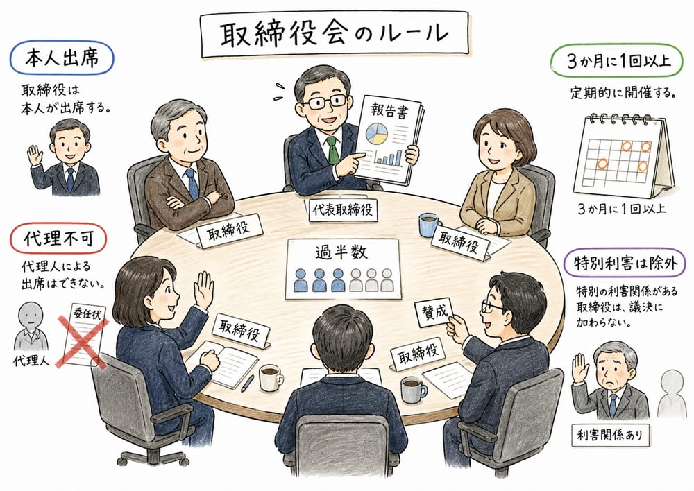 取締役会の本人出席、代理不可、報告義務、特別利害関係者の扱いを示した図解