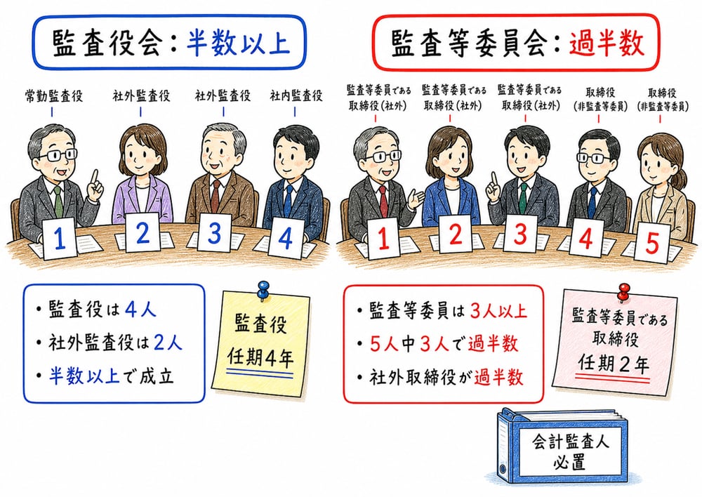 監査役会と監査等委員会の人数要件と会計監査人の違いを比較した図解