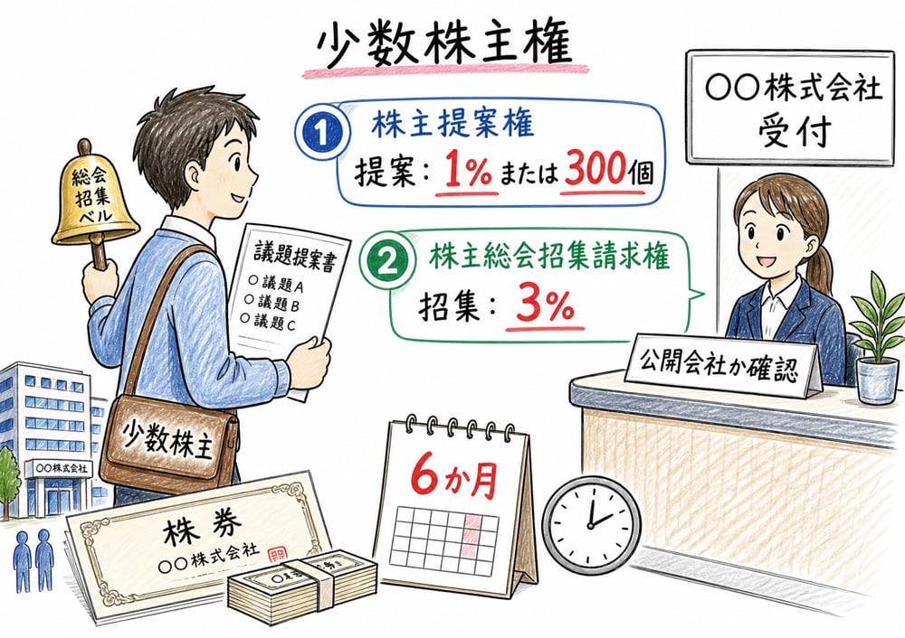 少数株主権の株主提案権と株主総会招集請求権を数字で区別する図解