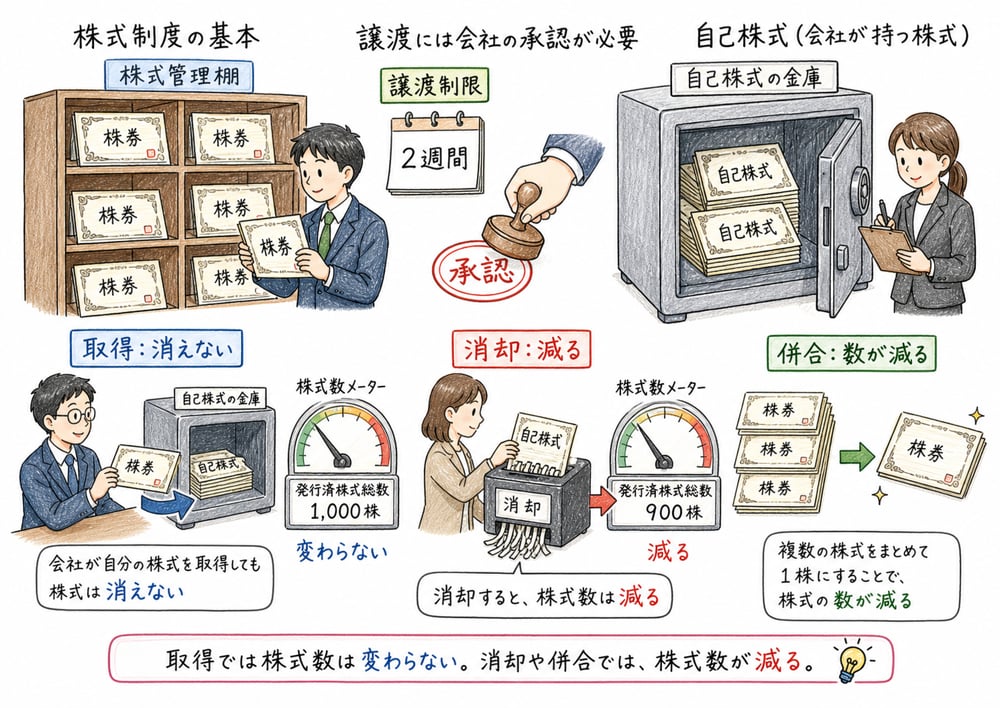 譲渡制限株式と自己株式の取得、消却、併合の効果を整理した図解