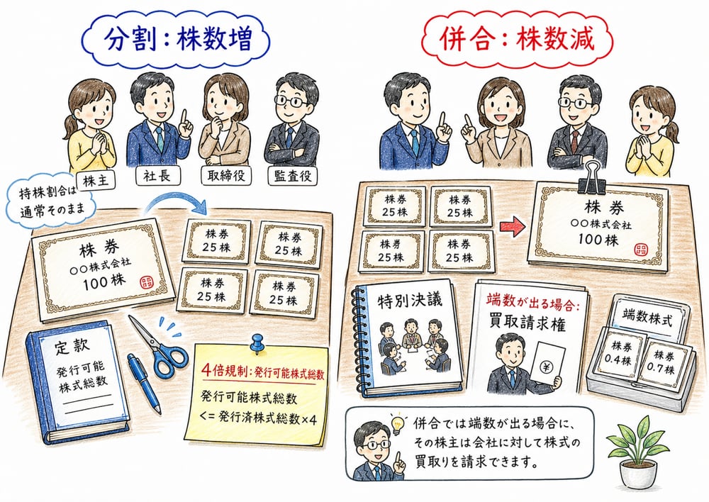 株式分割と株式併合の決議機関、株式買取請求権、4倍規制を比較した図解