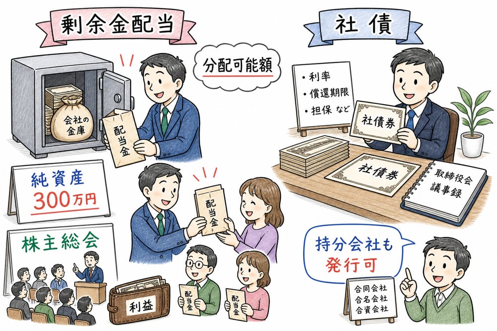 剰余金配当の分配可能額と純資産規制、社債の発行主体を整理した図解