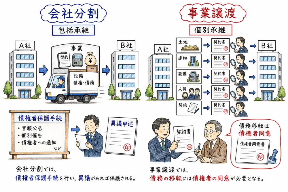 会社分割の包括承継と事業譲渡の個別承継を比較した図解