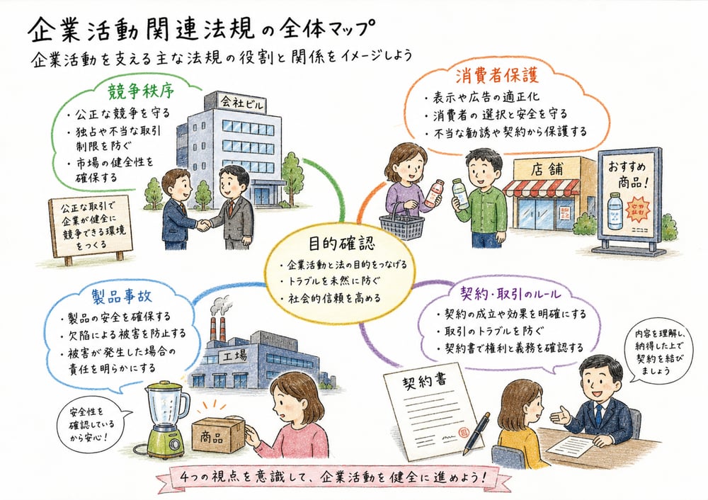 企業活動関連法規を保護目的と規制対象で整理する図解