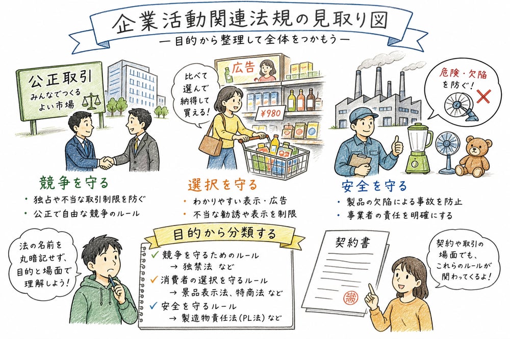 競争秩序、消費者保護、製品事故救済の法律群を整理する図解