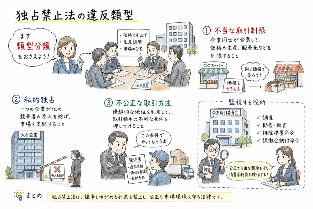 独占禁止法の不当な取引制限、私的独占、不公正な取引方法を整理する図解