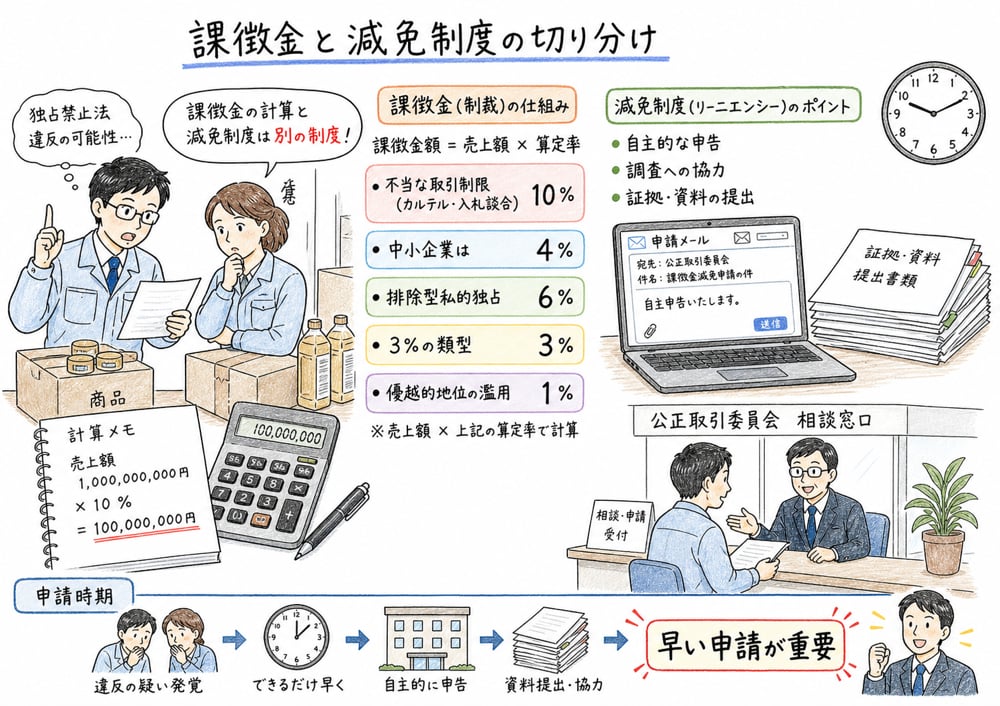 課徴金の算定率と課徴金減免制度の対象を切り分ける図解