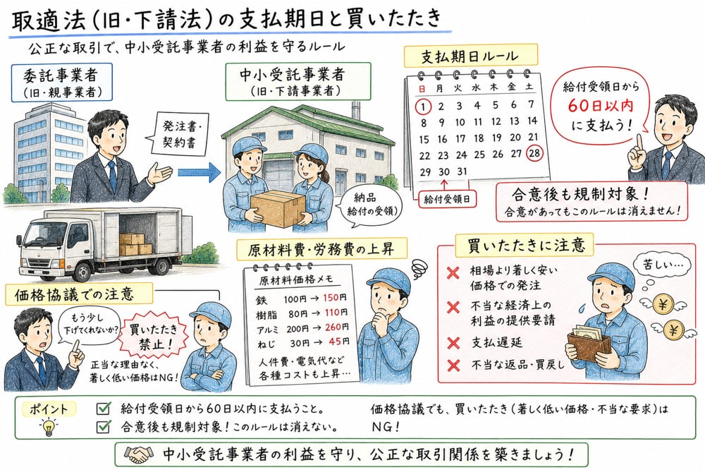 委託事業者と中小受託事業者の支払期日と買いたたきを整理する図解