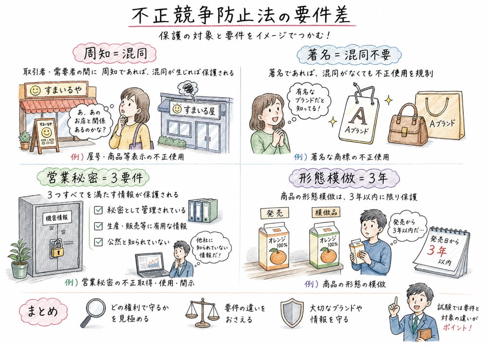 周知表示、著名表示、営業秘密、限定提供データなどの要件差を整理する図解