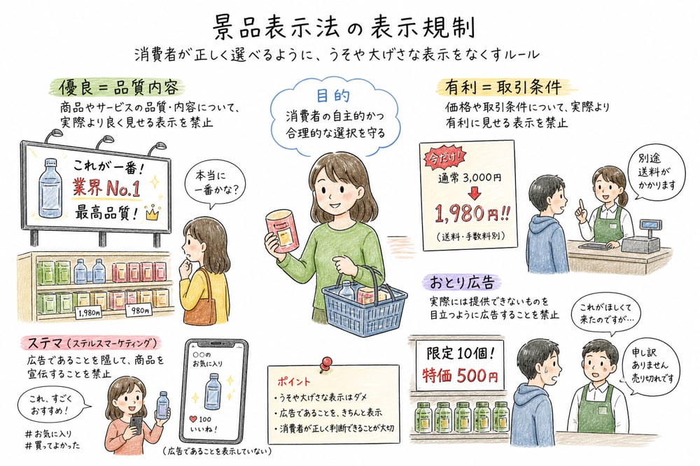 優良誤認、有利誤認、指定告示による表示規制を整理する図解