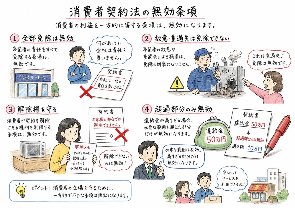 消費者契約法の全部免除、一部免除、解除権、違約金の整理図