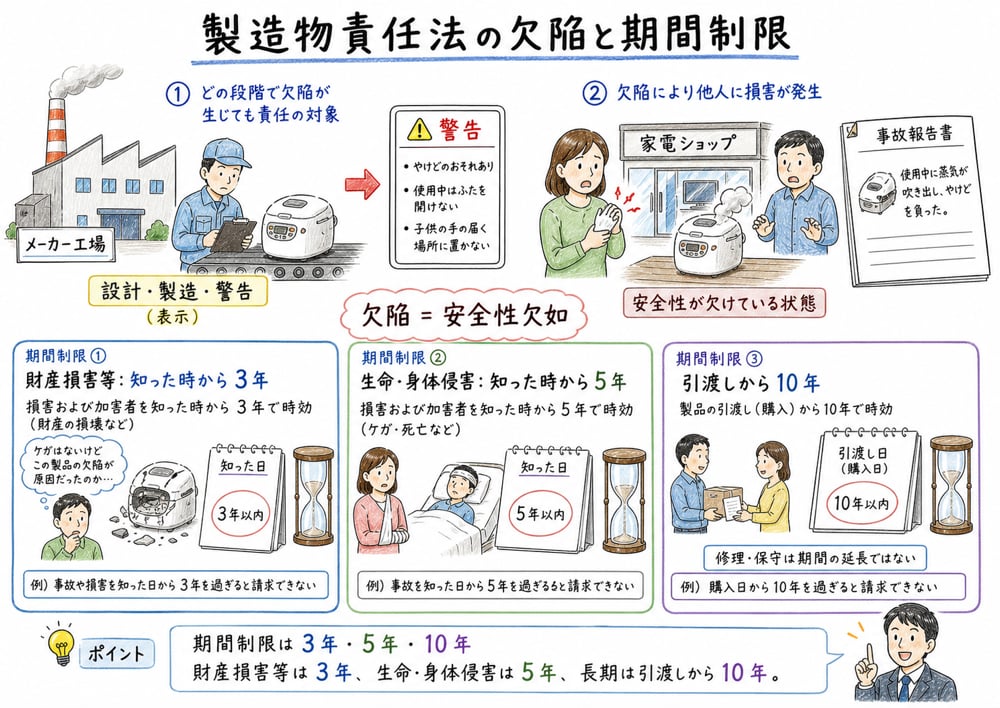 製造物責任法の欠陥類型と3年、生命・身体侵害は5年、10年の期間制限を整理する図解