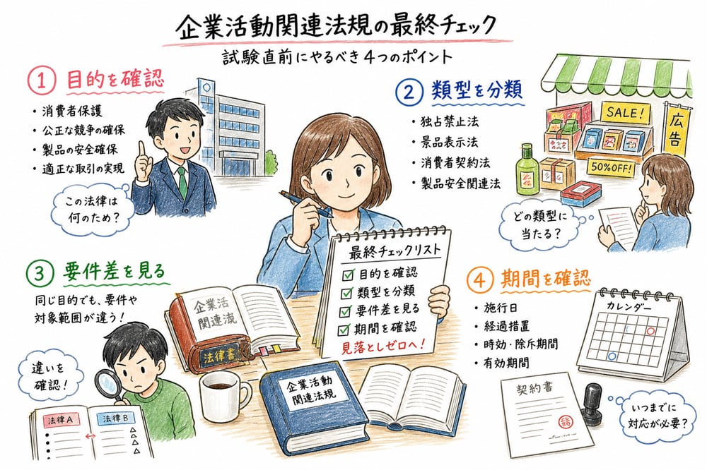 企業活動関連法規の保護目的、違反類型、要件差を最終確認する図解