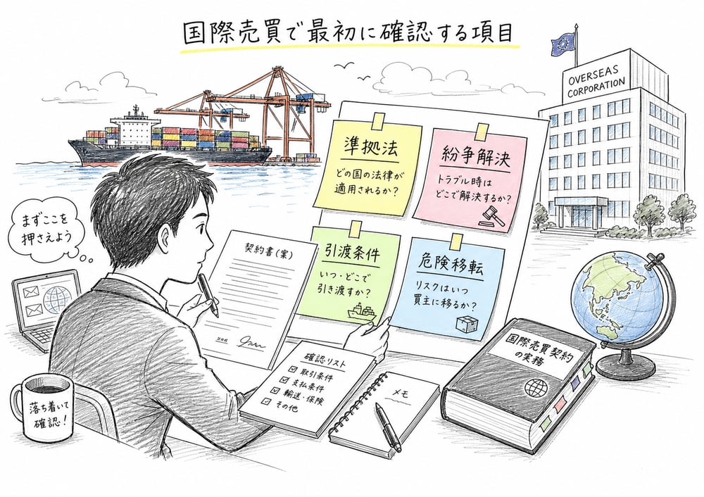 国際売買契約で準拠法、紛争解決、引渡条件、危険移転を確認する図解