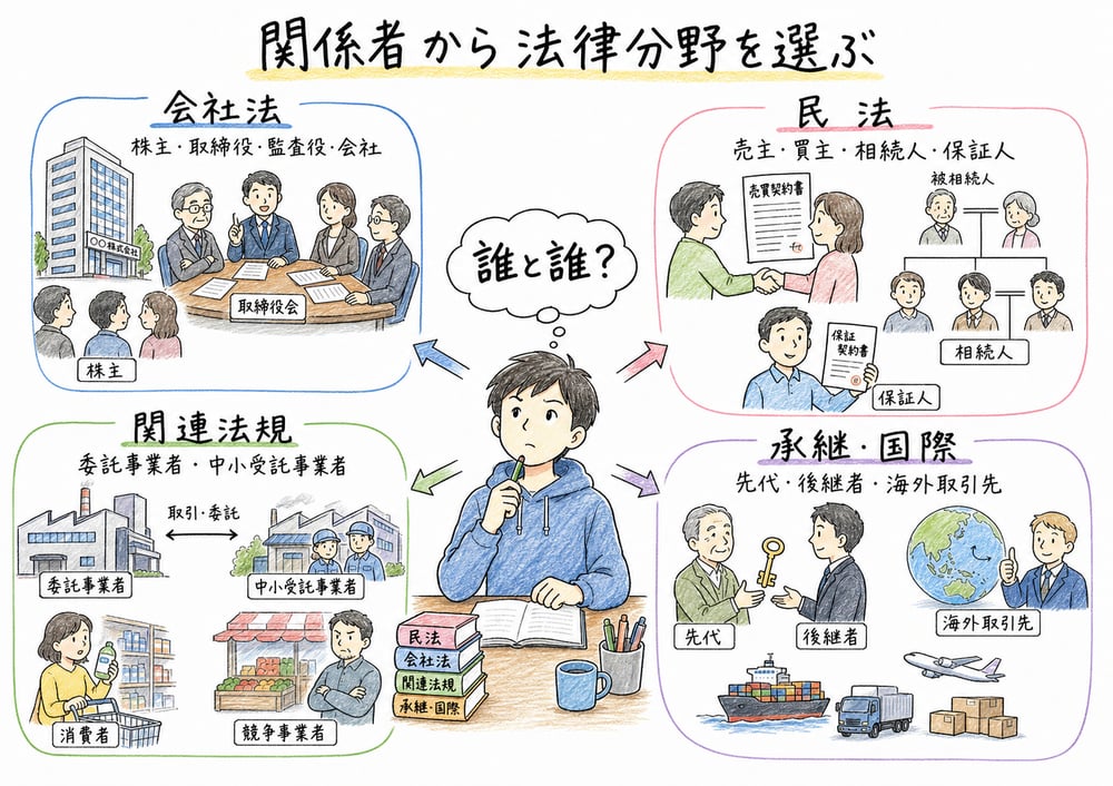 関係者から会社法、民法、企業活動関連法規、事業承継・国際法務を選ぶ図解