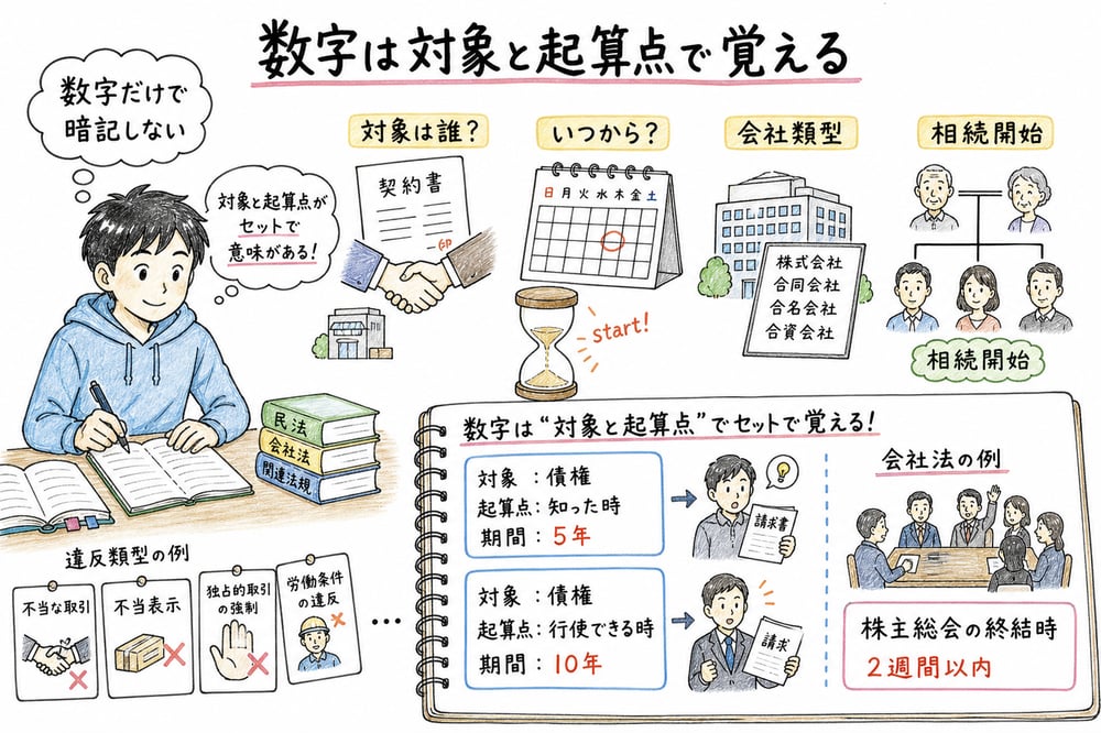 経営法務の数字問題を対象と起算点で確認する図解