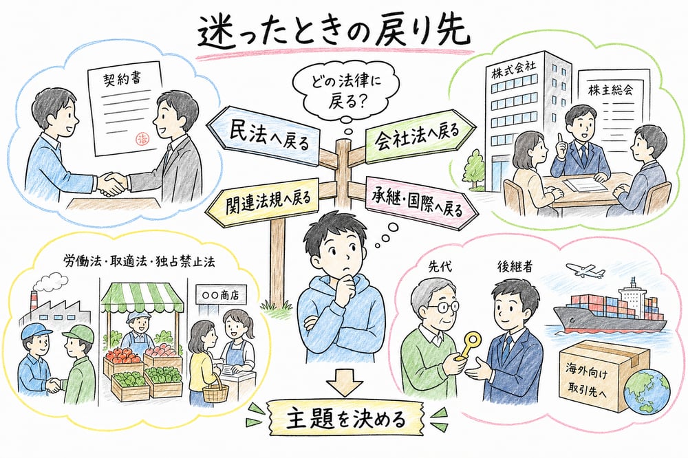 迷った周辺論点を民法、会社法、企業活動関連法規、事業承継・国際法務へ戻す図解