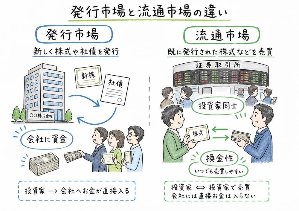 発行市場では会社に資金が入り、流通市場では投資家同士が売買することを示す図解