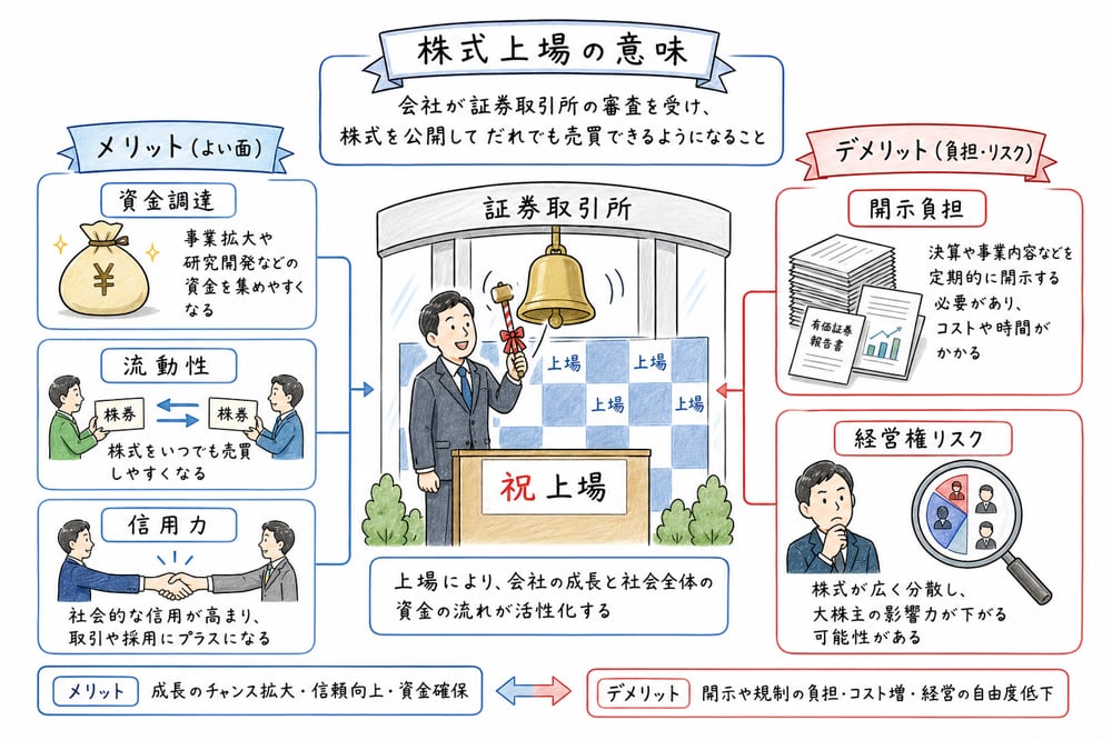 株式上場の資金調達、流動性、信用力と開示負担、経営権リスクを対比する図解